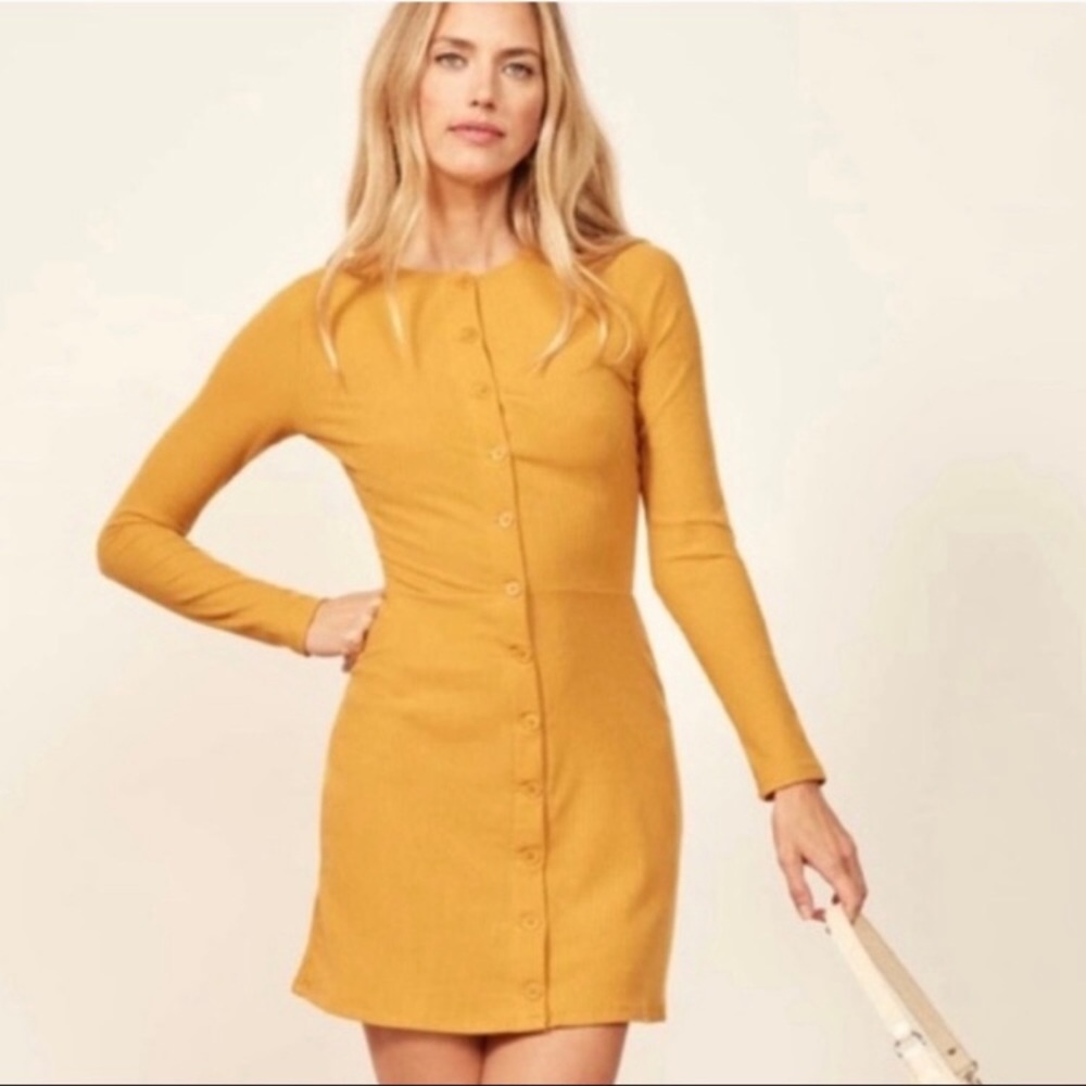REFORMATION Aida ribbed mustard yellow mini dress